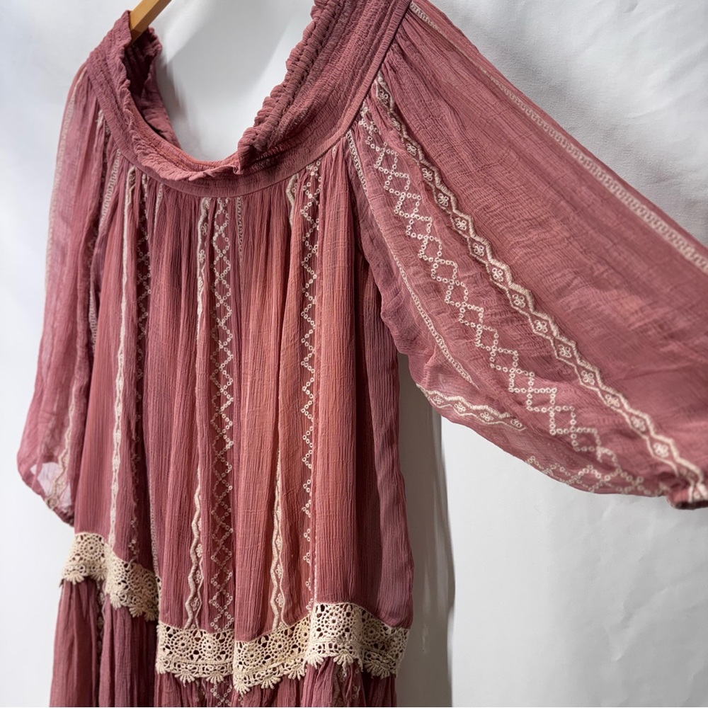 Floreat Boho Sweet Lace Peasant Embroidered Dress Dusty Rose-Peach Gauze Large - Picture 4 of 16